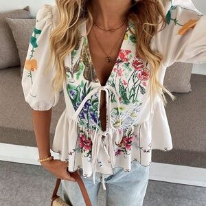 Boho Floral Print Front Tie Puff Sleeve Blouse